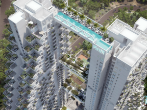 A view from above shows the highest sky bridge in the complex, which features an infinity pool.